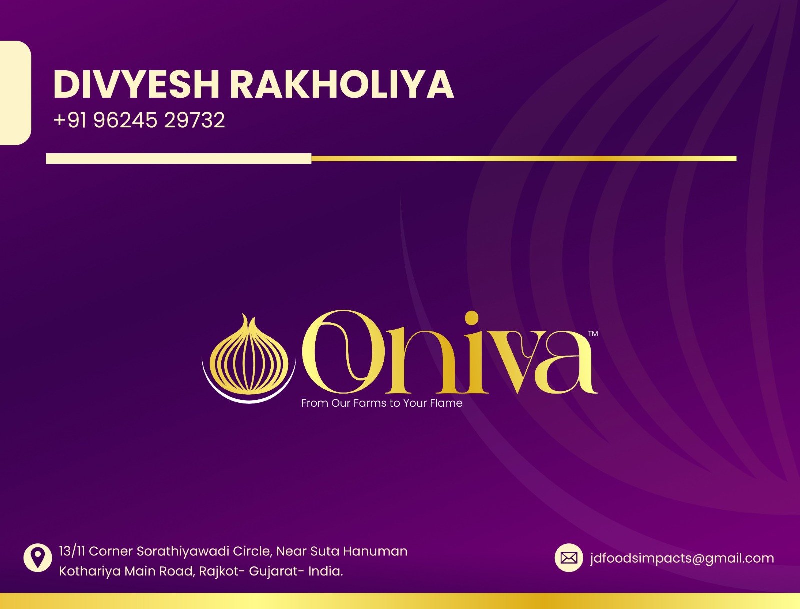 Oniva contact card — Divyesh Rakholiya